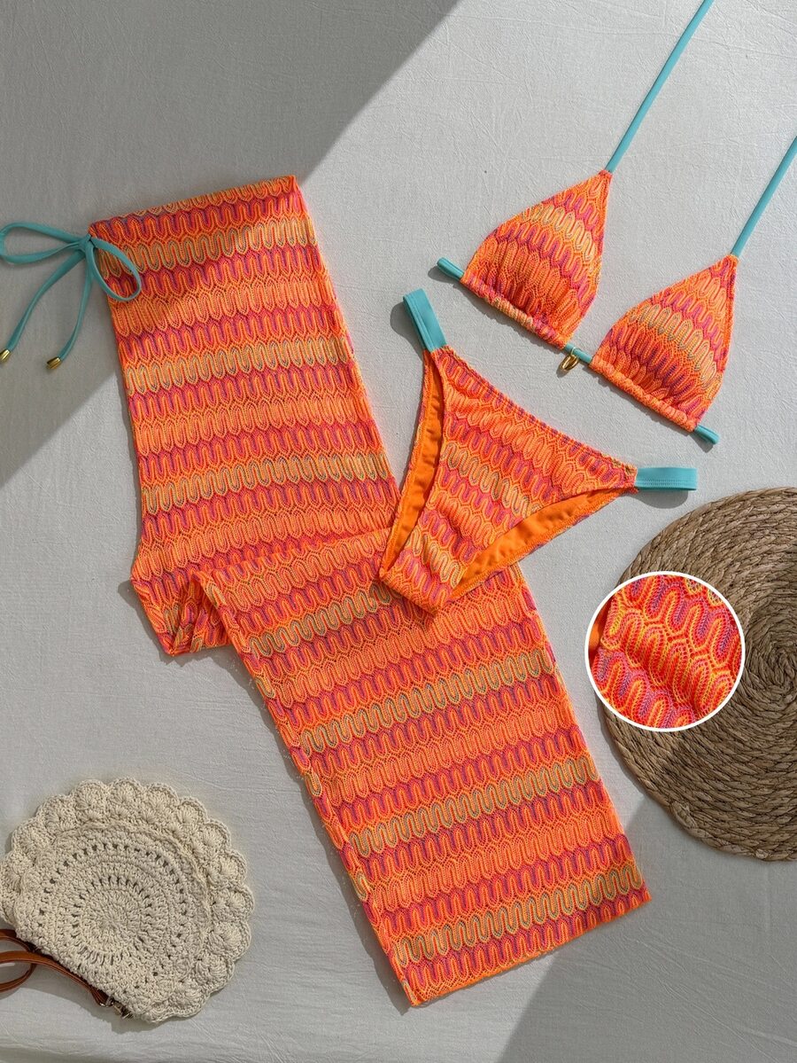 Swim Basics 2026新款螢光橘女款3件式鉤編比基尼套裝,含寬腿罩衫長褲與細肩帶三角泳衣上衣,春夏季 - 彩色 - 查看 1