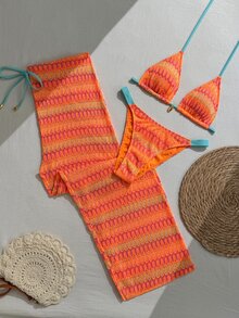 Swim Basics 2026新款螢光橘女款3件式鉤編比基尼套裝，含寬腿罩衫長褲與細肩帶三角泳衣上衣，春夏季 - 彩色 - 查看 6