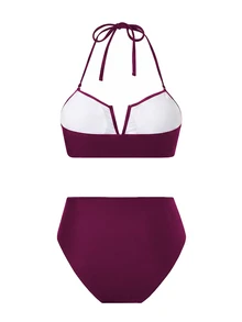 Vaytide Women Burgundy Bandeau Swimwear, Swim Shorts & Mesh Maxi Skirt 3pcs Set, Pink Summer Casual Tropical Beach Holiday Vacation Holiday Elegant Swimwear - Purple - View 7
