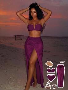 Vaytide Women Burgundy Bandeau Swimwear, Swim Shorts & Mesh Maxi Skirt 3pcs Set, Pink Summer Casual Tropical Beach Holiday Vacation Holiday Elegant Swimwear - Purple - View 2