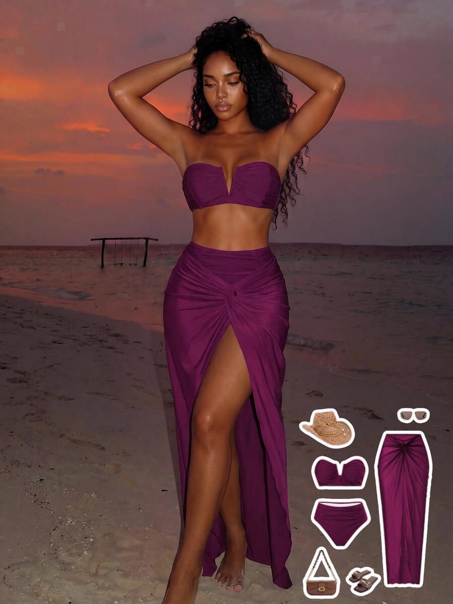 Vaytide Women Burgundy Bandeau Swimwear, Swim Shorts & Mesh Maxi Skirt 3pcs Set, Pink Summer Casual Tropical Beach Holiday Vacation Holiday Elegant Swimwear