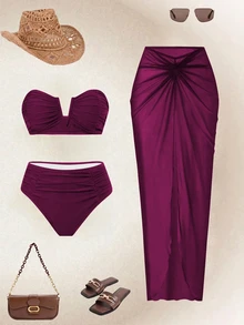 Vaytide Women Burgundy Bandeau Swimwear, Swim Shorts & Mesh Maxi Skirt 3pcs Set, Pink Summer Casual Tropical Beach Holiday Vacation Holiday Elegant Swimwear - Purple - View 3