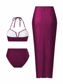 Vaytide Women Burgundy Bandeau Swimwear, Swim Shorts & Mesh Maxi Skirt 3pcs Set, Pink Summer Casual Tropical Beach Holiday Vacation Holiday Elegant Swimwear - Purple - View 4