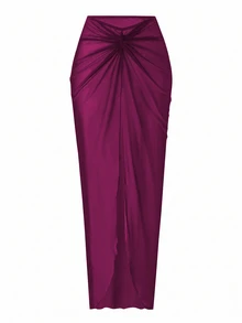Vaytide Women Burgundy Bandeau Swimwear, Swim Shorts & Mesh Maxi Skirt 3pcs Set, Pink Summer Casual Tropical Beach Holiday Vacation Holiday Elegant Swimwear - Purple - View 6