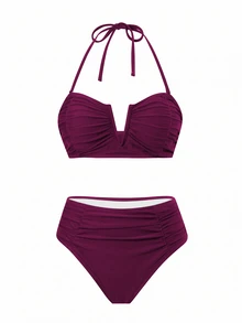 Vaytide Women Burgundy Bandeau Swimwear, Swim Shorts & Mesh Maxi Skirt 3pcs Set, Pink Summer Casual Tropical Beach Holiday Vacation Holiday Elegant Swimwear - Purple - View 5