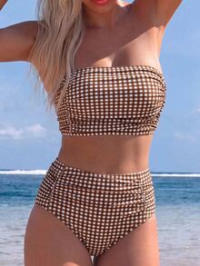 Swim Vcay Strapless Bandeau Style: Strapless Design, Perfect For Showcasing Shoulders And Neckline For A More Delicate And Slimming Look. Full Body Ruched Design: Large-Scale Horizontal Ruching At The Chest And Waist, Providing A Natural Gathering Effect And Subtle Shaping For The Bust. High-Waist Triangle Bikini Bottoms, Suitable For Beach Vacations And Pool. - Multicolor - View 3