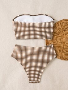 Swim Vcay Strapless Bandeau Style: Strapless Design, Perfect For Showcasing Shoulders And Neckline For A More Delicate And Slimming Look. Full Body Ruched Design: Large-Scale Horizontal Ruching At The Chest And Waist, Providing A Natural Gathering Effect And Subtle Shaping For The Bust. High-Waist Triangle Bikini Bottoms, Suitable For Beach Vacations And Pool. - Multicolor - View 4