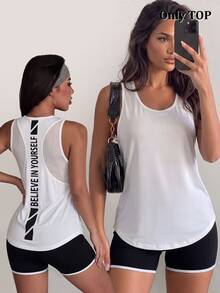 Dewbera Dewbera Tank Top Olahraga Kebugaran Harian Wanita dengan Motif Huruf - Putih - View 4
