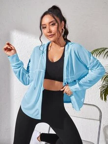Dewbera Dewbera Solid Color Hooded Breathable Sports Jacket - Blue - View 5