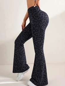 SHEIN Sports 女款豹紋高腰休閒百搭日常旅行運動長褲 - 黑色 - 查看 6