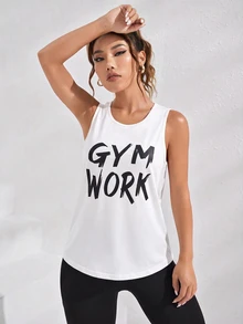SHEIN Sports 女款字母印花休閒健身運動背心 - 白色 - 查看 3