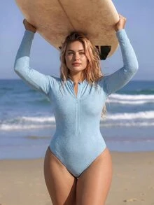 Swim SPRTY Plus Size Women's Blue Light Long Sleeve Front Zipper Rash Guard One-Piece Swimsuit Beach Party Sports Summer Sexy Tropical Baggy - Blue - View 1