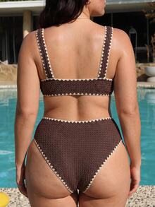 SHEIN Swim Curve Set Bikini Renda Tekstur Cokelat Tropis Elegan Bergaya Vintage dengan Pinggang Tinggi, Kontrol Perut, Tali Bahu, Gesper Logam, untuk Liburan Pantai Musim Panas. - Coklat - View 3