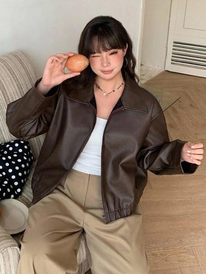 Dazy Plus Solid Color Casual PU Leather Lapel Zipper Front Long Sleeve Spring Autumn Winter New Jacket