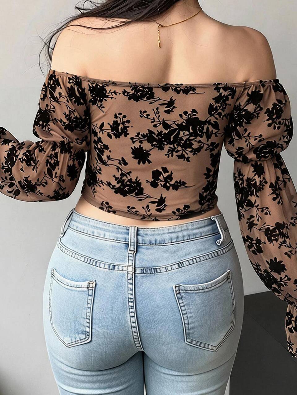 Dazy Plus Flocked Floral Pattern All-Over Fitted Cropped Off-Shoulder Bell Sleeve Sexy Sexy T-Shirt Fall
