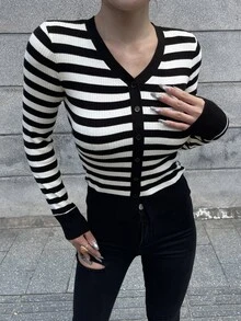 DAZY 女款拼色條紋修身V領彈性薄款休閒開襟上衣，適合春秋校園度假穿著 - 黑色 - 查看 6