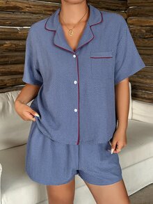 Dazy Plus Polka Dot Contrast Placket Loose Short Sleeve Shorts 2pcs Set Home Wear Spring Summer Casual Pajama Set - Royal Blue - View 6