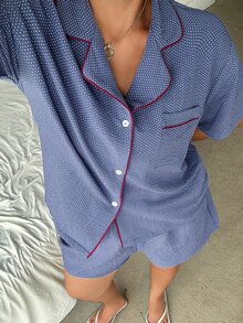 Dazy Plus Polka Dot Contrast Placket Loose Short Sleeve Shorts 2pcs Set Home Wear Spring Summer Casual Pajama Set - Royal Blue - View 2