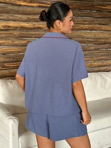 Dazy Plus Polka Dot Contrast Placket Loose Short Sleeve Shorts 2pcs Set Home Wear Spring Summer Casual Pajama Set - Royal Blue - View 7