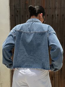 Dazy Plus Jaket Denim Biru Lengan Panjang Kasual Longgar Musim Semi/Gugur untuk Wanita Ukuran Plus, Model Terbaru untuk Musim Kelulusan - Light Wash - View 2