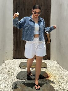 Dazy Plus Jaket Denim Biru Lengan Panjang Kasual Longgar Musim Semi/Gugur untuk Wanita Ukuran Plus, Model Terbaru untuk Musim Kelulusan - Light Wash - View 3