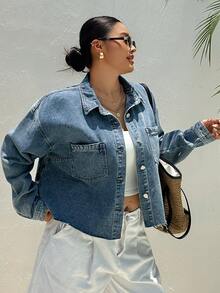 Dazy Plus Jaket Denim Biru Lengan Panjang Kasual Longgar Musim Semi/Gugur untuk Wanita Ukuran Plus, Model Terbaru untuk Musim Kelulusan - Light Wash - View 6