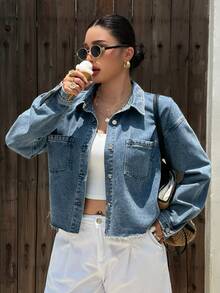 Dazy Plus Jaket Denim Biru Lengan Panjang Kasual Longgar Musim Semi/Gugur untuk Wanita Ukuran Plus, Model Terbaru untuk Musim Kelulusan - Light Wash - View 5