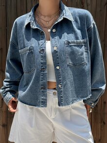 Dazy Plus Jaket Denim Biru Lengan Panjang Kasual Longgar Musim Semi/Gugur untuk Wanita Ukuran Plus, Model Terbaru untuk Musim Kelulusan - Light Wash - View 7