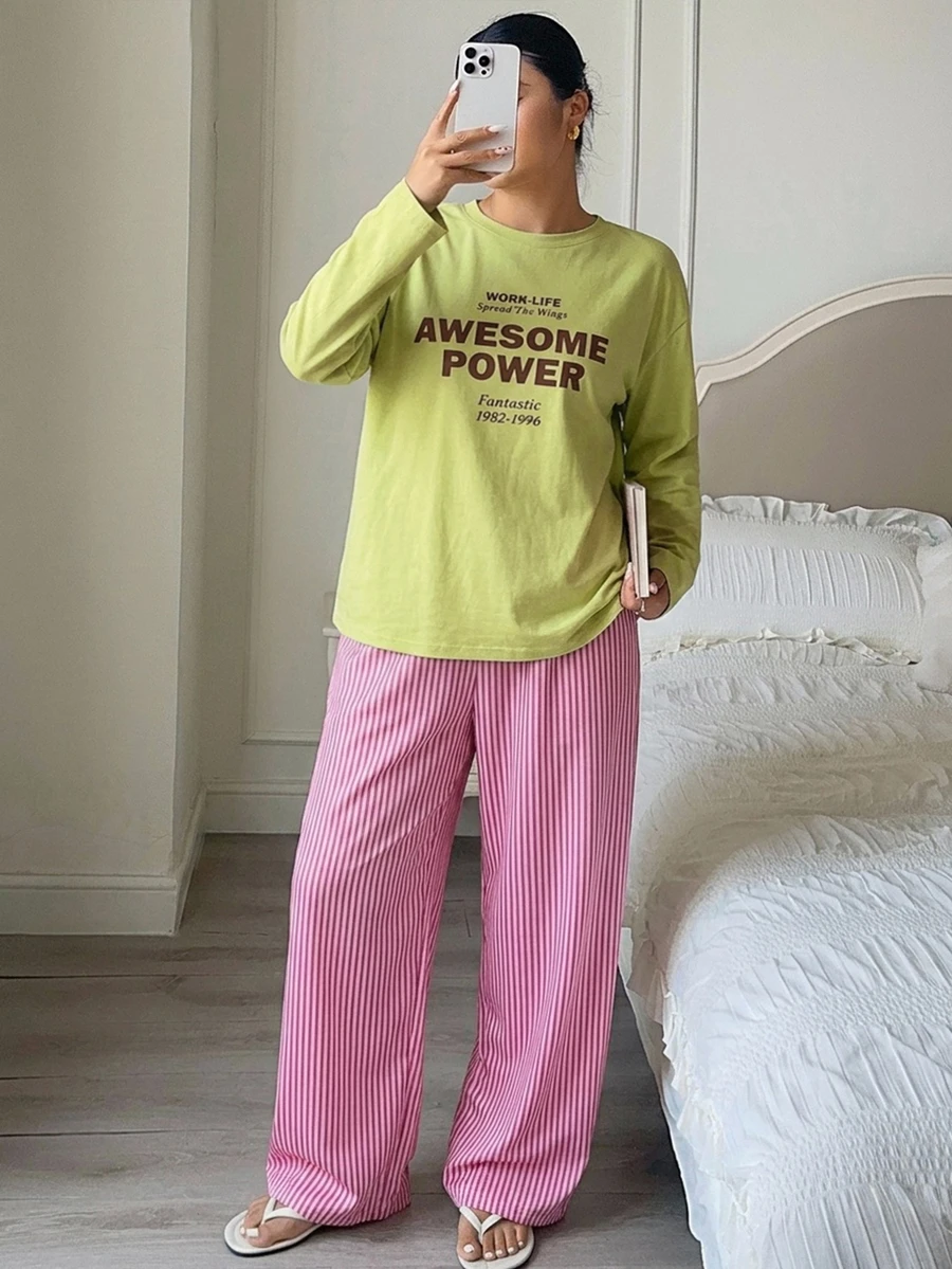 Dazy Plus Casual Letter Print Decorated Top & Striped Loose Pajama Set For Spring And Autumn - Mint Green - View 1