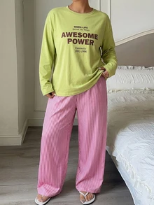 Dazy Plus Casual Letter Print Decorated Top & Striped Loose Pajama Set For Spring And Autumn - Mint Green - View 5