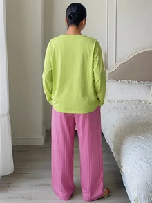 Dazy Plus Casual Letter Print Decorated Top & Striped Loose Pajama Set For Spring And Autumn - Mint Green - View 2