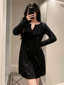 DAZY Women's Short Bowknot Ditsy Floral Nightgown, Autumn/Winter - Black - View 5
