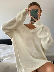 DAZY Sweater Rajut Wanita Warna Polos Longgar Leher V Lengan Panjang Kasual untuk Liburan Musim Semi dan Gugur - Putih - View 5