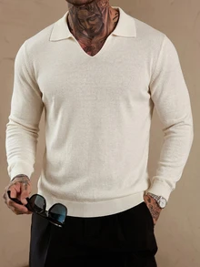 DAZY Short Sleeve Grey Collared Knit Top For Men - Beige - View 6