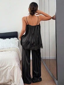 Livesso Women's Striped Contrast Lace Camisole And Pants Pajama Set - Black - View 2