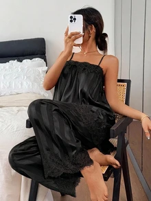 Livesso Women's Striped Contrast Lace Camisole And Pants Pajama Set - Black - View 3