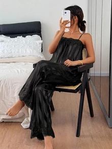 Livesso Women's Striped Contrast Lace Camisole And Pants Pajama Set - Black - View 7