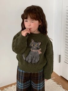 DAZY Sweater Bayi Perempuan Lengan Panjang Berkerah Bulat Motif Kartun Musim Gugur/Musim Dingin untuk Balita - Hijau - View 4