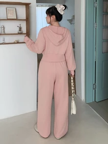Dazy Plus Solid Color Sporty Casual Hooded Cardigan Top And Long Sweatpants Pink Spring/Autumn 2 Pieces Set Cute Tops - Pink - View 6