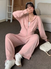 Dazy Plus Solid Color Sporty Casual Hooded Cardigan Top And Long Sweatpants Pink Spring/Autumn 2 Pieces Set Cute Tops - Pink - View 7