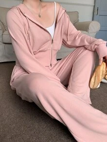 Dazy Plus Solid Color Sporty Casual Hooded Cardigan Top And Long Sweatpants Pink Spring/Autumn 2 Pieces Set Cute Tops - Pink - View 4