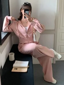 Dazy Plus Solid Color Sporty Casual Hooded Cardigan Top And Long Sweatpants Pink Spring/Autumn 2 Pieces Set Cute Tops - Pink - View 5