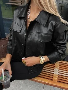 DAZY Women's Black Leather Straight-Cut Long Sleeve Turn-Down Collar Jacket, Street Style, Autumn - Black - View 4