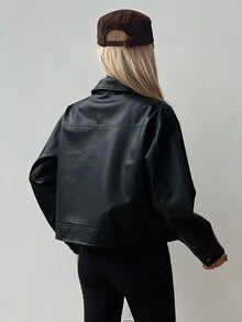 DAZY Women's Black Leather Straight-Cut Long Sleeve Turn-Down Collar Jacket, Street Style, Autumn - Black - View 2