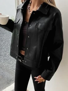 DAZY Women's Black Leather Straight-Cut Long Sleeve Turn-Down Collar Jacket, Street Style, Autumn - Black - View 3