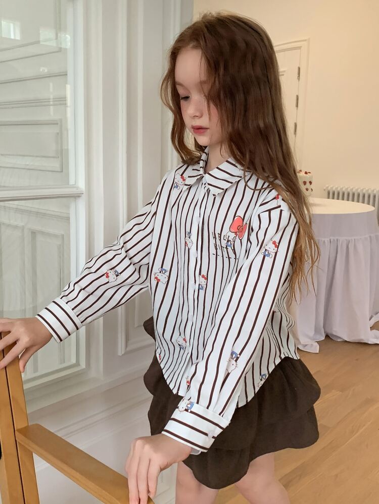 Dazy Kids HELLO KITTY | DAZY قميص مخطط مريح بملمس قطني بقصة فضفاضة للفتيات المراهقات للخريف - قهوة بني - مشاهدة 6