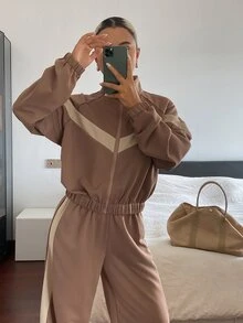 Livesso Autumn Stand Collar Long Sleeve Elastic Waist Color Block Knit Fabric Brown Sporty Casual Style Women 2 Pieces Set - Brown - View 6