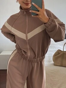 Livesso Autumn Stand Collar Long Sleeve Elastic Waist Color Block Knit Fabric Brown Sporty Casual Style Women 2 Pieces Set - Brown - View 5