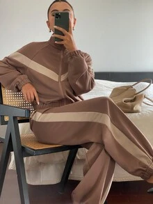Livesso Autumn Stand Collar Long Sleeve Elastic Waist Color Block Knit Fabric Brown Sporty Casual Style Women 2 Pieces Set - Brown - View 3
