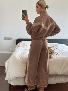 Livesso Autumn Stand Collar Long Sleeve Elastic Waist Color Block Knit Fabric Brown Sporty Casual Style Women 2 Pieces Set - Brown - View 2